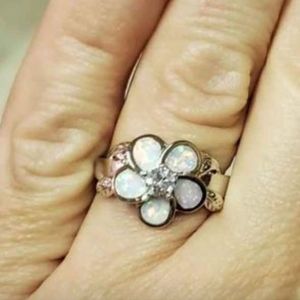 Created Opal Hawaiian Plumeria plated October Birthstone ring